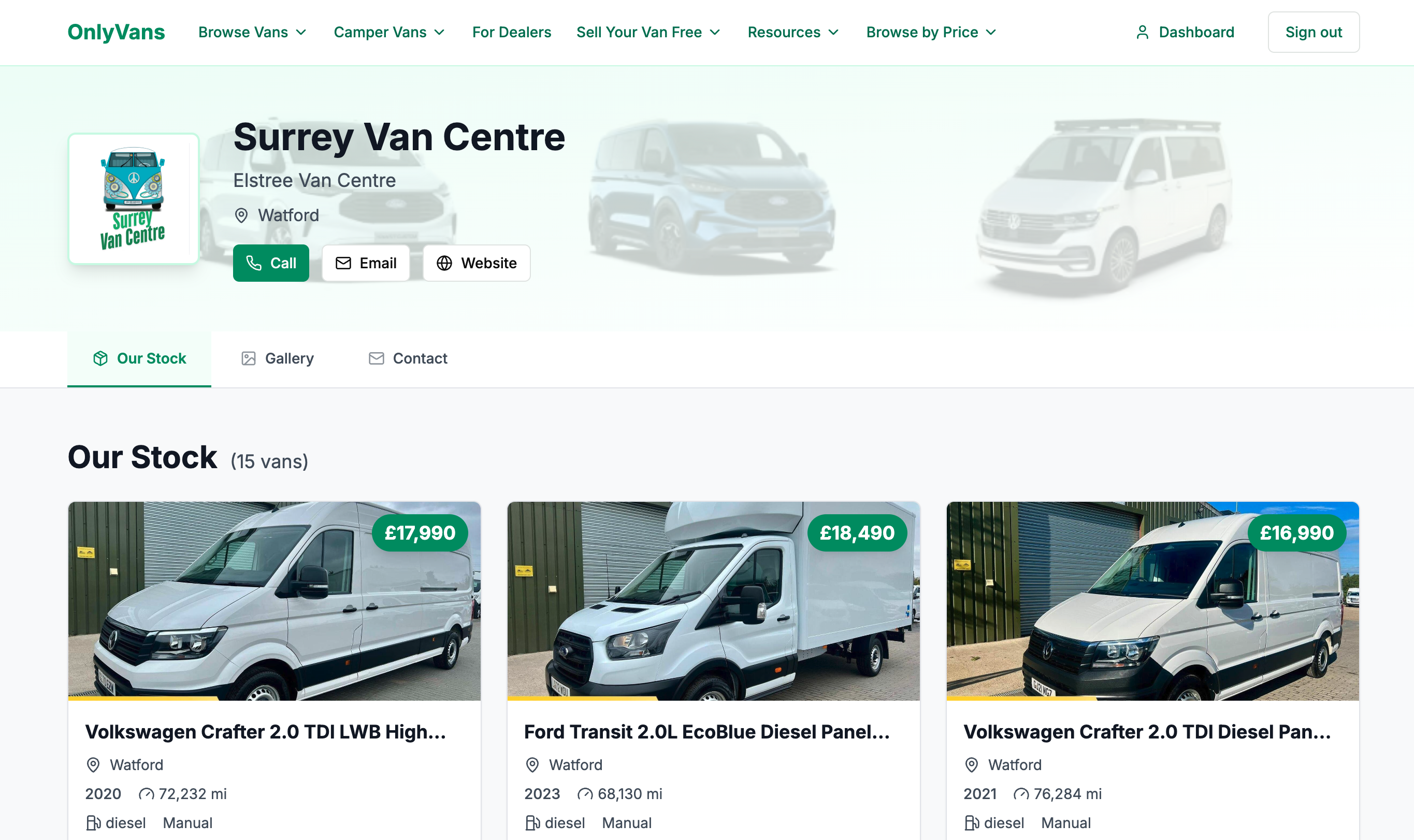 van dealer microsite on Only Vans
