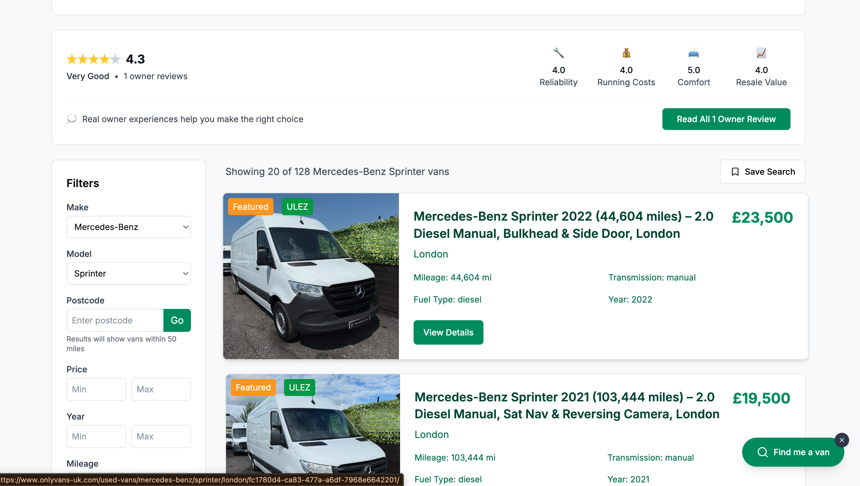used mercedes benz sprinter on only vans uk