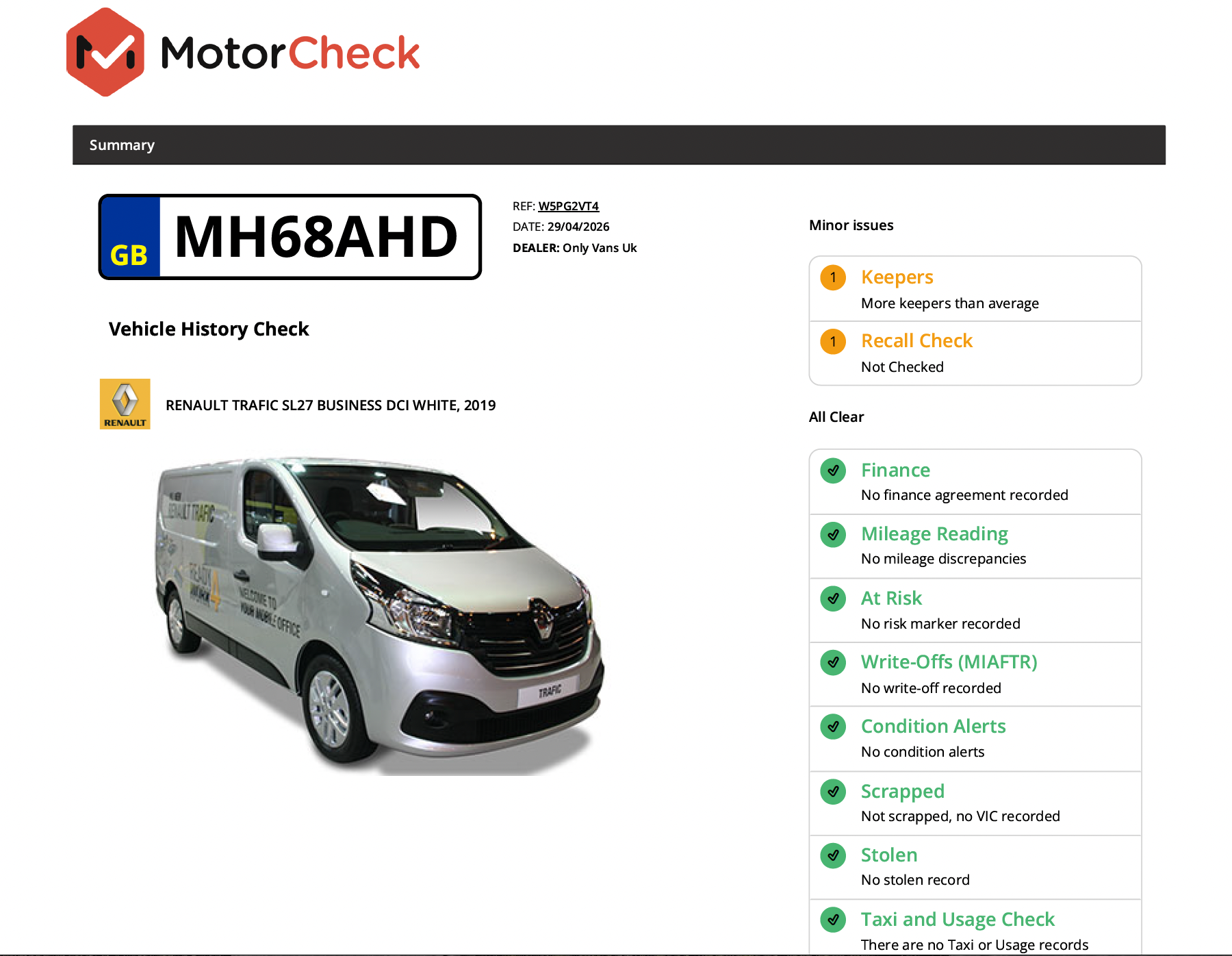 MotorCheck van history report overview — finance, stolen, write-off and mileage checks